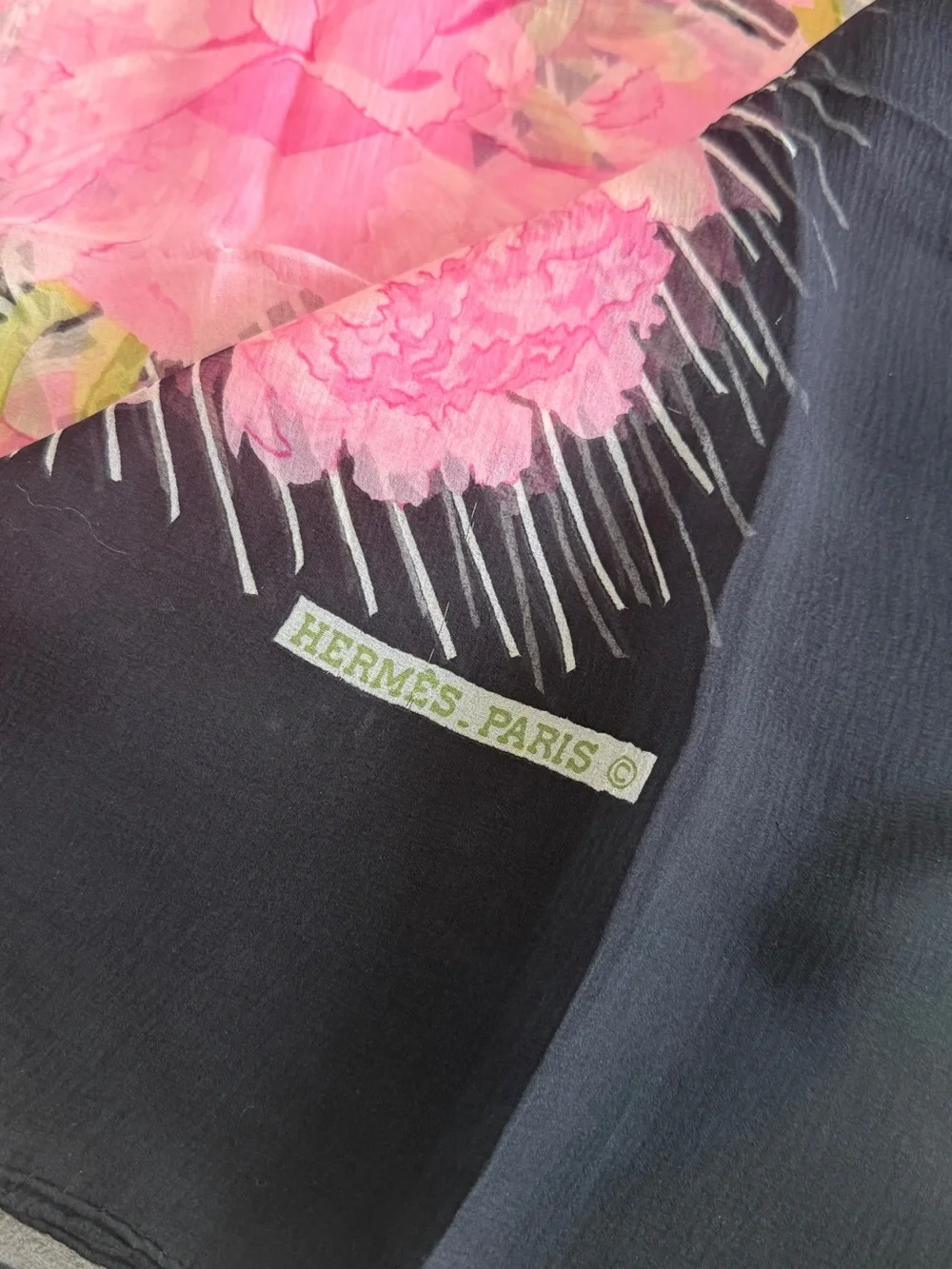 Hermes Pink Floral Silk Scarf with Black Border and Green Leaves